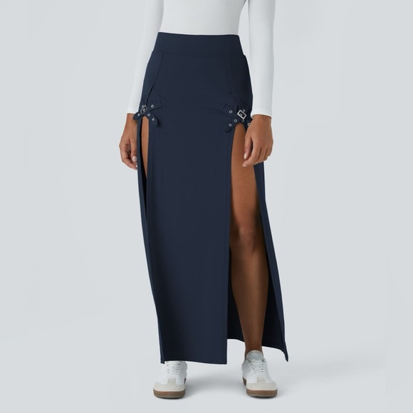 Halara High Waisted Decorative Buckle Split 2-in-1 Maxi Casual Skirt Sz XL Navy - Picture 1 of 8